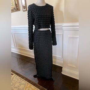 Black Popcorn, Textured Pull-on Cropped Top and Maxi Bodycon Pencil Skirt Set.